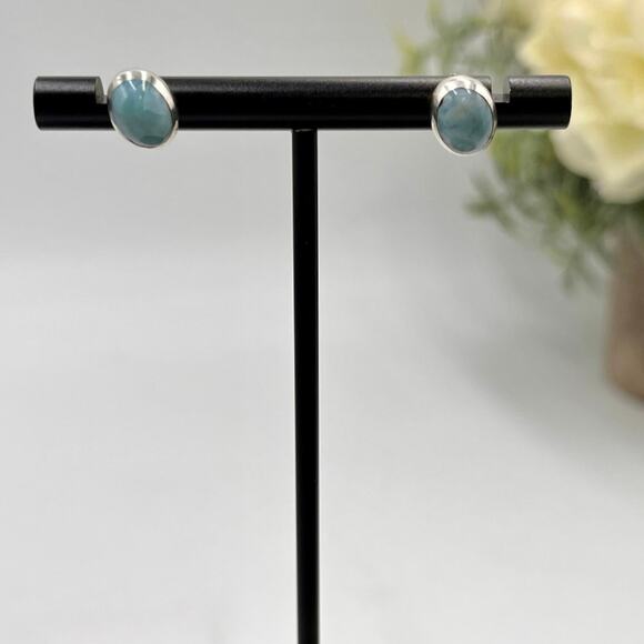 Sterling silver Bezel Set Blue Larimar Cabochon Small Stud Earrings - Picture 1 of 8